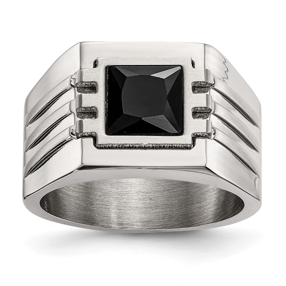 Stainless Steel Brushed and Polished w/Black CZ Signet Ring