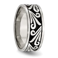 Stainless Steel Antiqued and Polished Fancy Design 8mm Ridged Edge Band view 4