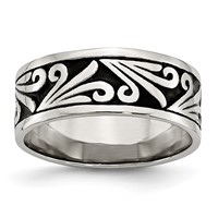 Stainless Steel Antiqued and Polished Fancy Design 8mm Ridged Edge Band view 1