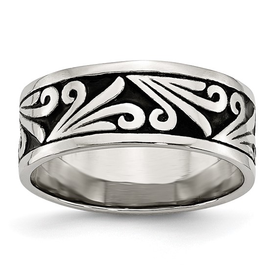Stainless Steel Antiqued and Polished Fancy Design 8mm Ridged Edge Band