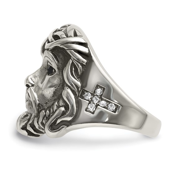 Chisel Stainless Steel Antiqued and Polished with Black and White Crystal Jesus Ring