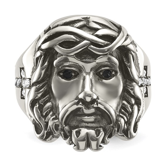Chisel Stainless Steel Antiqued and Polished with Black and White Crystal Jesus Ring