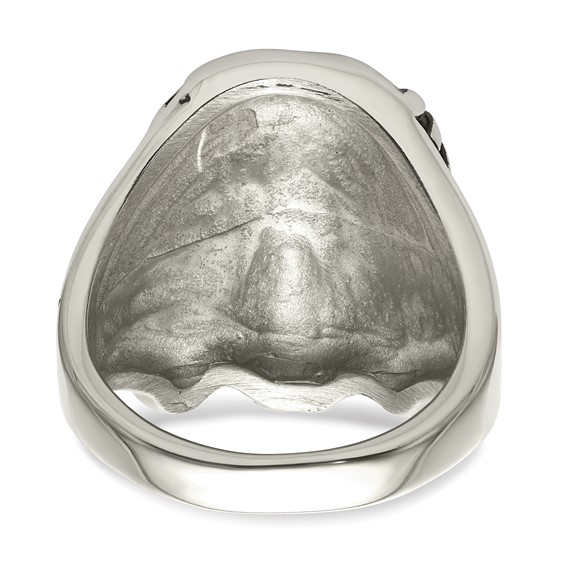 Chisel Stainless Steel Antiqued and Polished with Black and White Crystal Jesus Ring