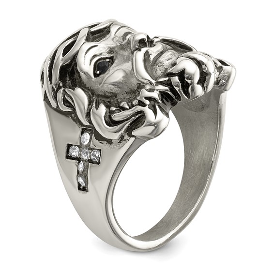 Chisel Stainless Steel Antiqued and Polished with Black and White Crystal Jesus Ring