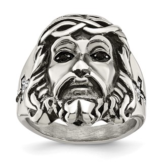 Chisel Stainless Steel Antiqued and Polished with Black and White Crystal Jesus Ring