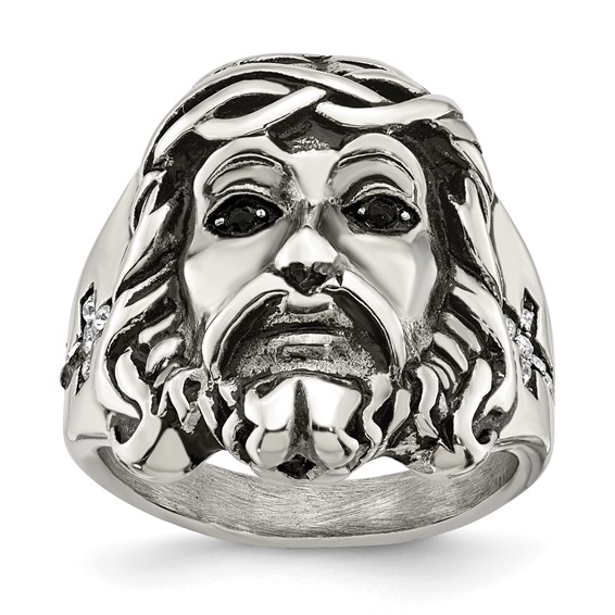 Chisel Stainless Steel Antiqued and Polished with Black and White Crystal Jesus Ring