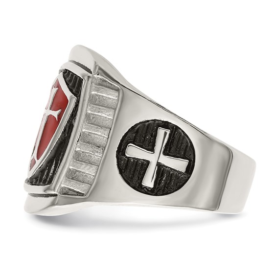 Chisel Stainless Steel Antiqued and Polished with Red Enamel Cross and Shield Ring