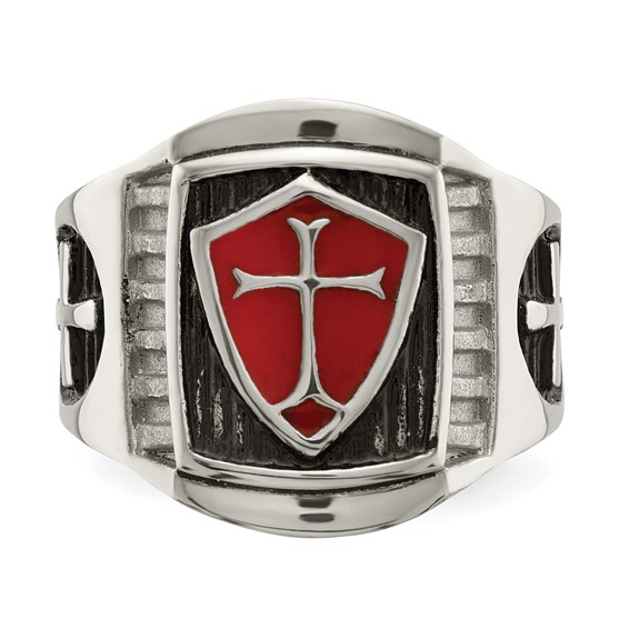 Chisel Stainless Steel Antiqued and Polished with Red Enamel Cross and Shield Ring