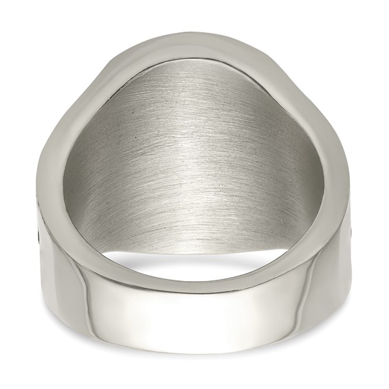 Chisel Stainless Steel Antiqued and Polished with Red Enamel Cross and Shield Ring