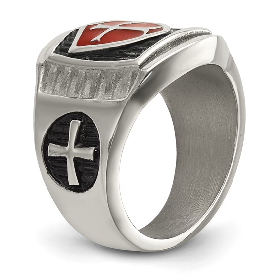 Chisel Stainless Steel Antiqued and Polished with Red Enamel Cross and Shield Ring