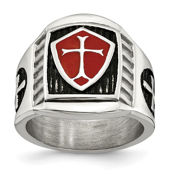 Chisel Stainless Steel Antiqued and Polished with Red Enamel Cross and Shield Ring