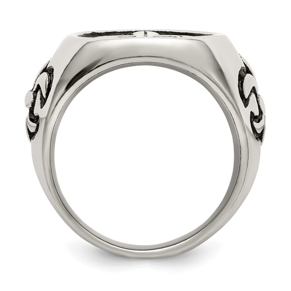 Chisel Stainless Steel Antiqued and Polished Fleur de Lis Cross Ring