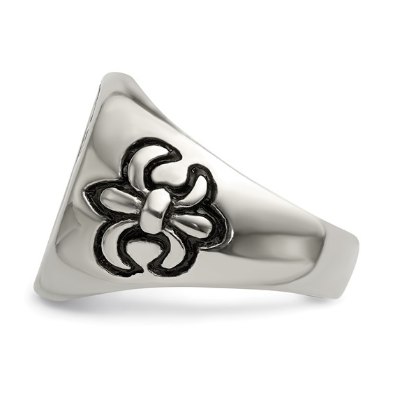 Chisel Stainless Steel Antiqued and Polished Fleur de Lis Cross Ring