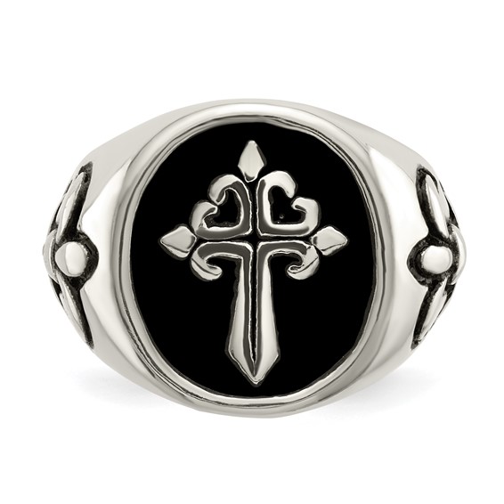 Chisel Stainless Steel Antiqued and Polished Fleur de Lis Cross Ring