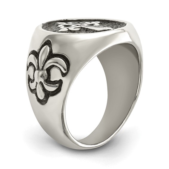Chisel Stainless Steel Antiqued and Polished Fleur de Lis Cross Ring