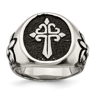 Chisel Stainless Steel Antiqued and Polished Fleur de Lis Cross Ring