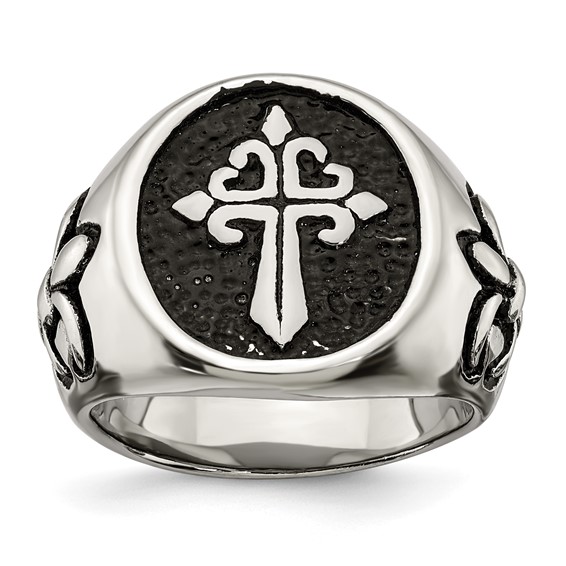 Chisel Stainless Steel Antiqued and Polished Fleur de Lis Cross Ring