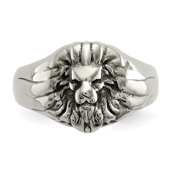 Chisel Stainless Steel Antiqued and Polished Lion Head Ring