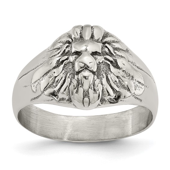 Chisel Stainless Steel Antiqued and Polished Lion Head Ring