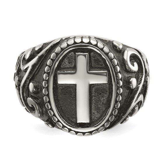 chisel Stainless Steel Antiqued and Polished Cross Ring