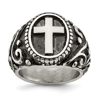 chisel Stainless Steel Antiqued and Polished Cross Ring