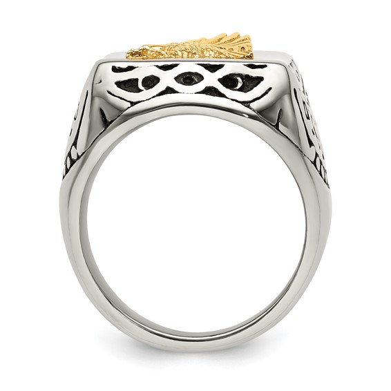 Chisel Stainless Steel with 14k Gold Accent Antiqued and Polished Eagle Ring