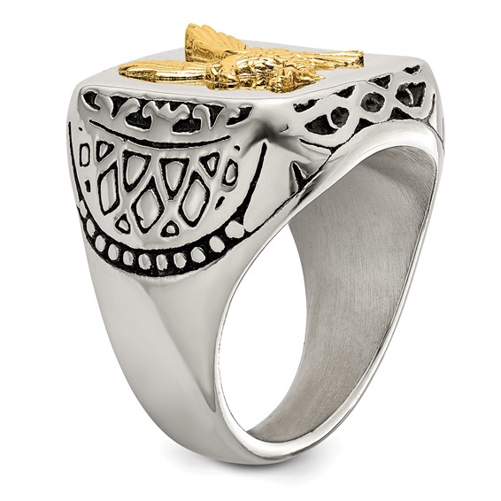 Chisel Stainless Steel with 14k Gold Accent Antiqued and Polished Eagle Ring