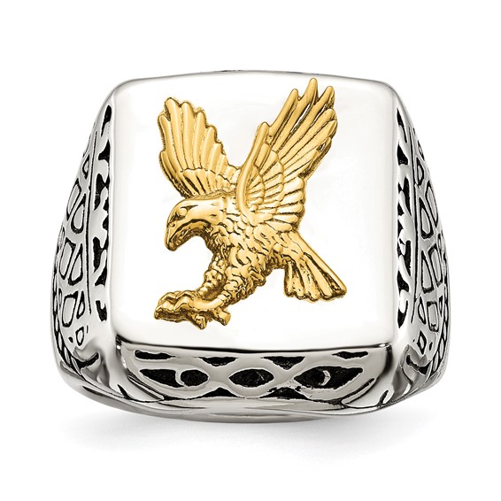 Chisel Stainless Steel with 14k Gold Accent Antiqued and Polished Eagle Ring