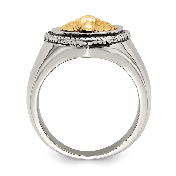 Chisel Stainless Steel with 14k Gold Accent Antiqued and Polished Lion on Shield Ring