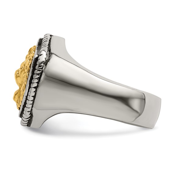 Chisel Stainless Steel with 14k Gold Accent Antiqued and Polished Lion on Shield Ring
