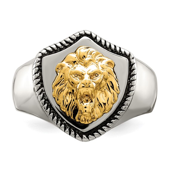 Chisel Stainless Steel with 14k Gold Accent Antiqued and Polished Lion on Shield Ring