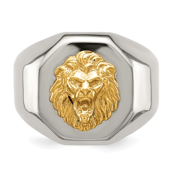 Chisel Stainless Steel with 14k Gold Accent Polished Lion Head Ring