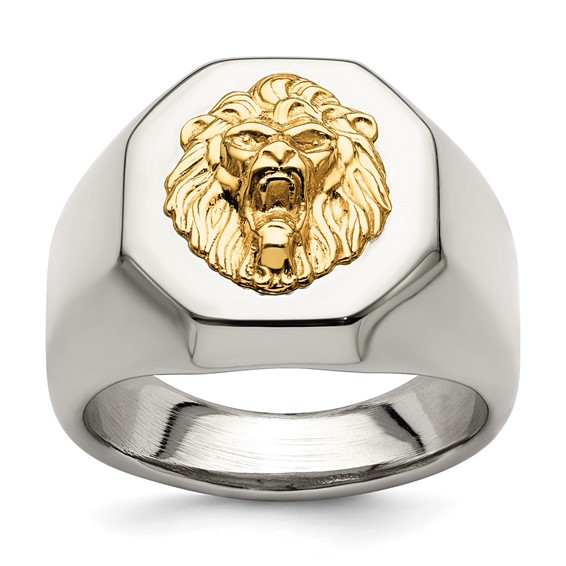 Chisel Stainless Steel with 14k Gold Accent Polished Lion Head Ring