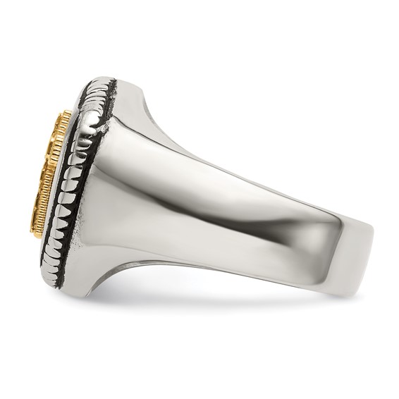 Chisel Stainless Steel with 14k Gold Accent Antiqued and Polished Cross on Shield Ring