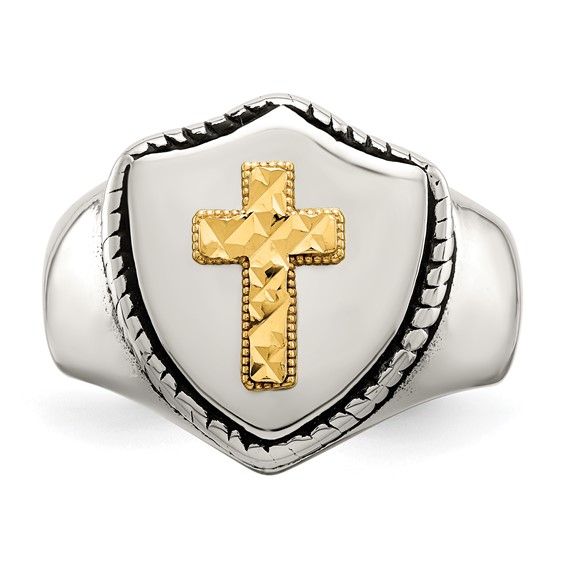 Chisel Stainless Steel with 14k Gold Accent Antiqued and Polished Cross on Shield Ring