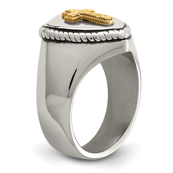 Chisel Stainless Steel with 14k Gold Accent Antiqued and Polished Cross on Shield Ring