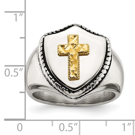 Chisel Stainless Steel with 14k Gold Accent Antiqued and Polished Cross on Shield Ring