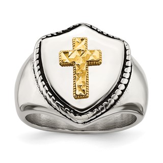 Chisel Stainless Steel with 14k Gold Accent Antiqued and Polished Cross on Shield Ring