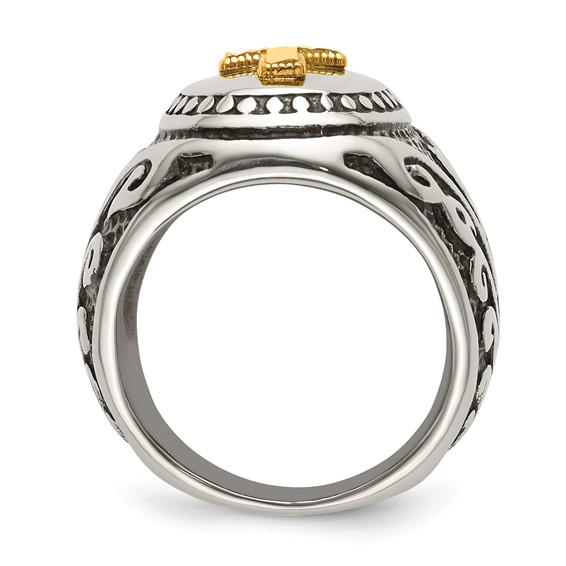 Chisel Stainless Steel with 14k Gold Accent Antiqued and Polished Cross Ring