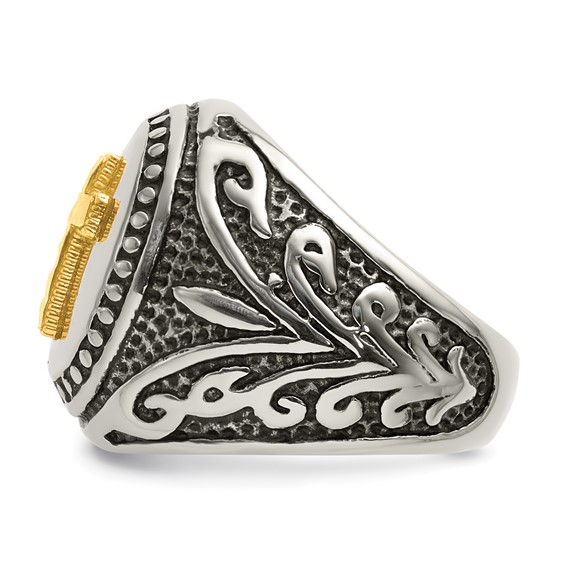 Chisel Stainless Steel with 14k Gold Accent Antiqued and Polished Cross Ring