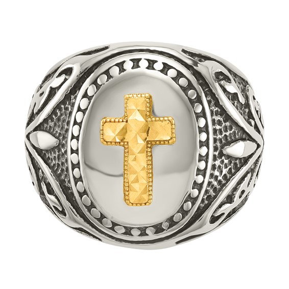 Chisel Stainless Steel with 14k Gold Accent Antiqued and Polished Cross Ring