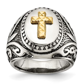 Chisel Stainless Steel with 14k Gold Accent Antiqued and Polished Cross Ring