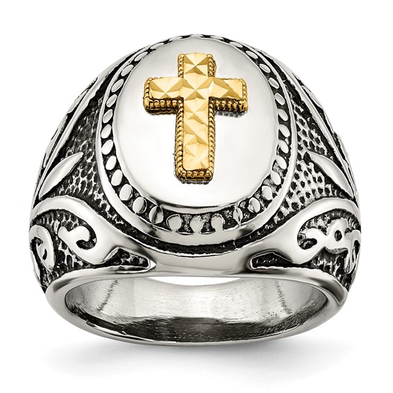 Chisel Stainless Steel with 14k Gold Accent Antiqued and Polished Cross Ring