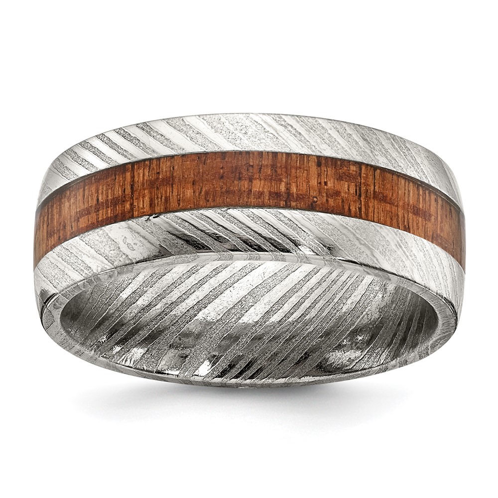 Damascus Steel Polished with Sapele Wood Inlay 8mm Band