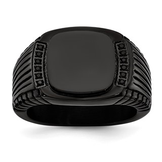 Chisel Stainless Steel Polished Black IP-plated with Black CZ Signet Ring