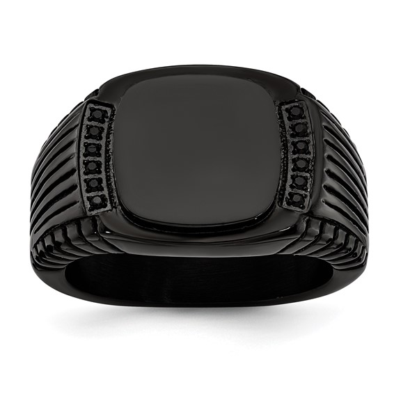 Chisel Stainless Steel Polished Black IP-plated with Black CZ Signet Ring