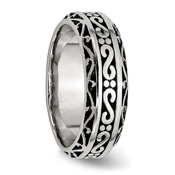 Chisel Stainless Steel Antiqued and Polished Swirl Design 7mm Band