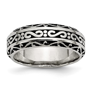 Chisel Stainless Steel Antiqued and Polished Swirl Design 7mm Band