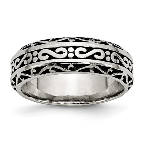 Chisel Stainless Steel Antiqued and Polished Swirl Design 7mm Band
