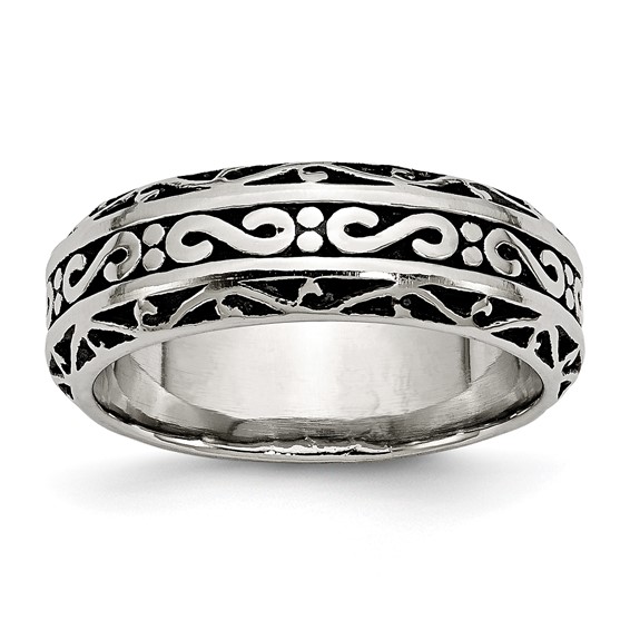 Chisel Stainless Steel Antiqued and Polished Swirl Design 7mm Band